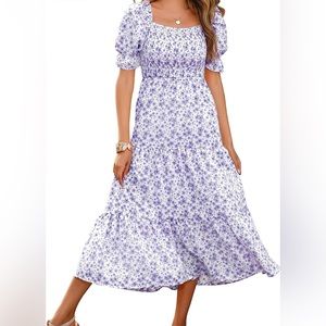 NWOT Purple floral, Smocked, Boho, Midi, Puff Sleeve Dress, Size XL